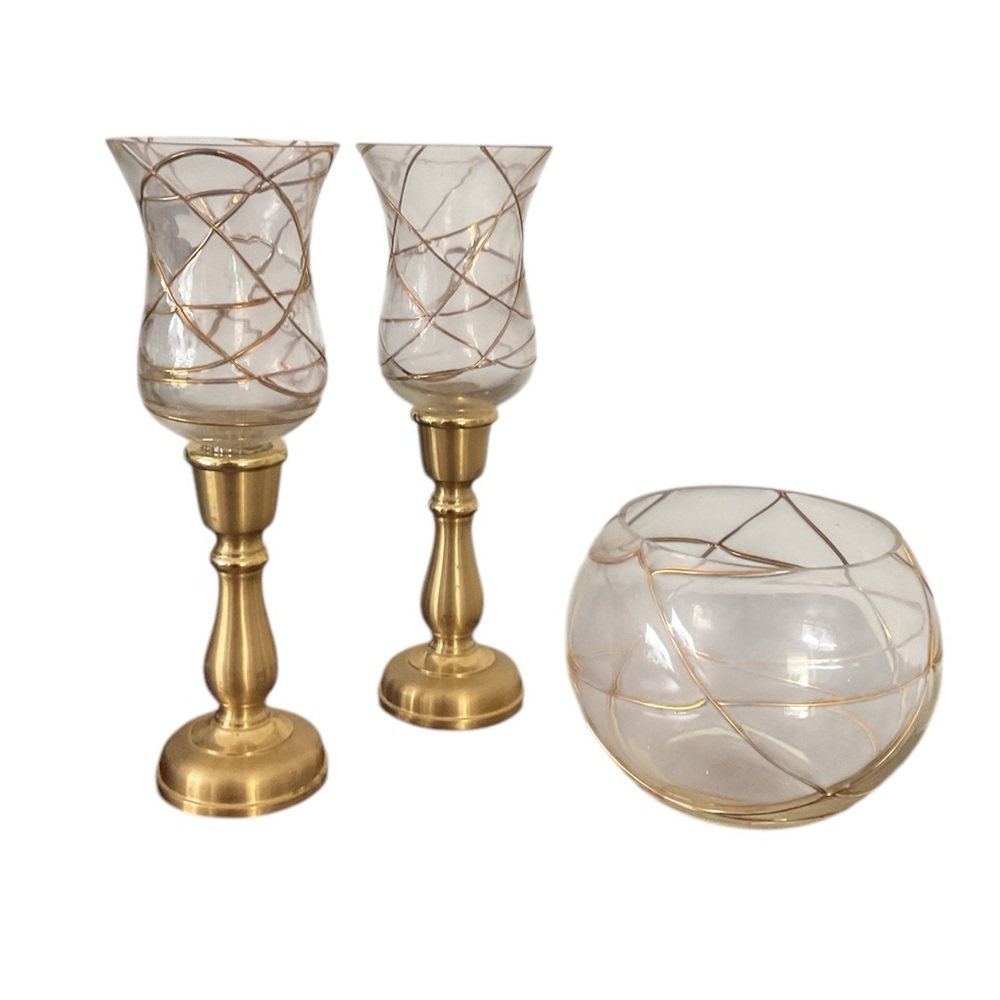 PARTYLITE Candlesticks Calypso Glass with Brass Base & TeaLite Holder NW…